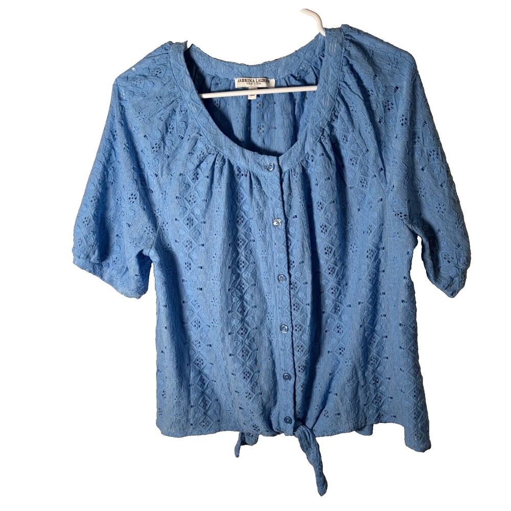 Sabrina Lauren Shirt Women's Petite Large Blue Eyelet Button Up Short Sleeve Tie